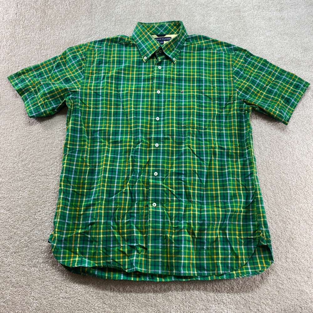 Tommy Hilfiger Shirt Mens‎ Large Green Plaid Short Sleeve Button Down